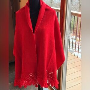 Artisan woven wool wrap, bright red, decorative bottom edges. 76”long, 23”wide.